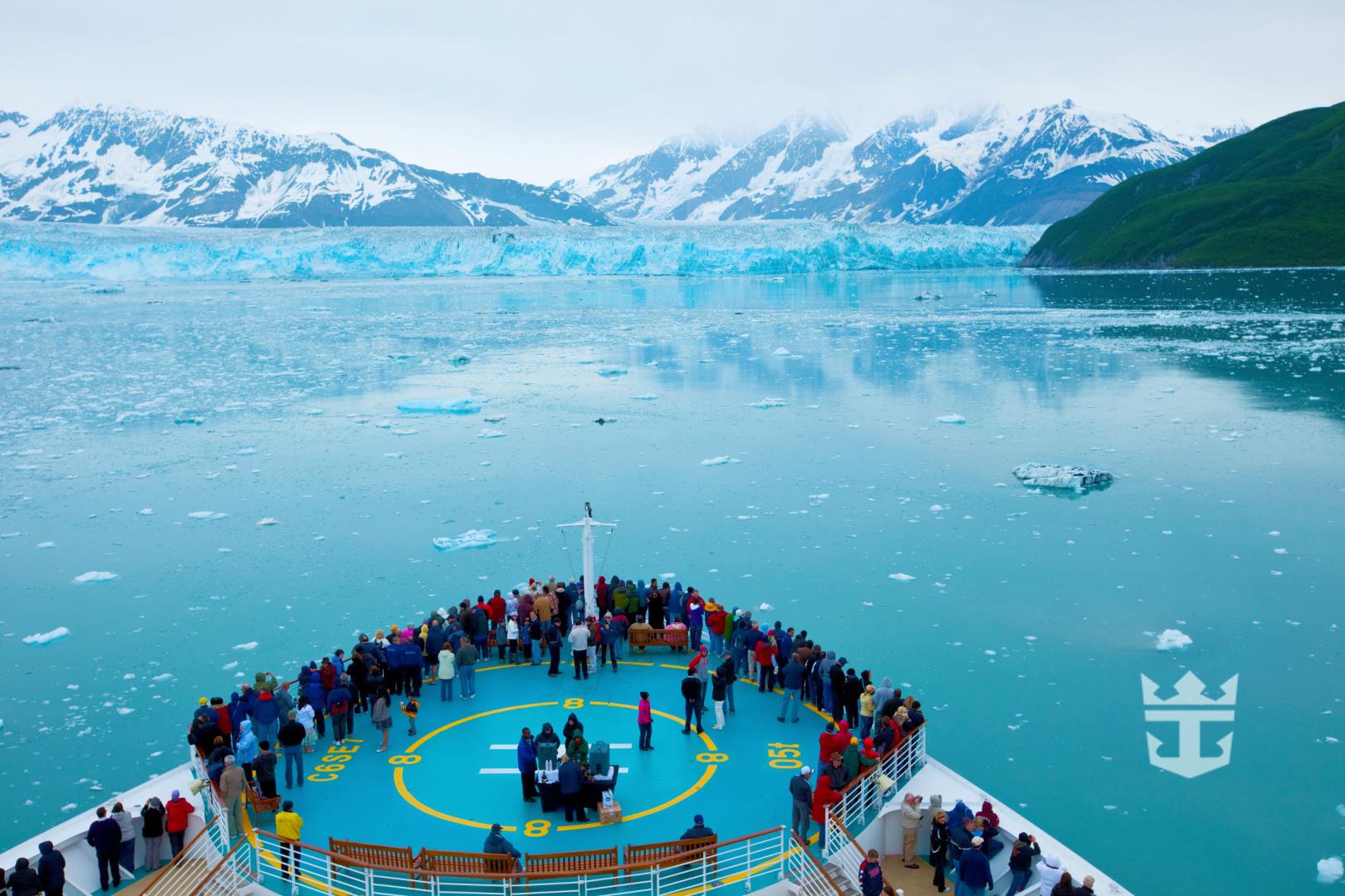 View of passengers observing the Hubbard Glacier in Alaska from the top deck